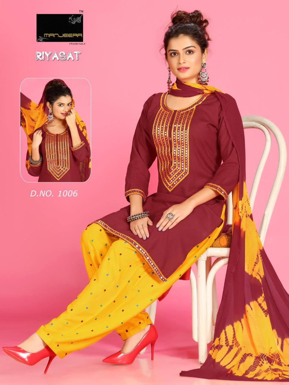 Manjeera Riyasat  Latest Fancy Designer Rayon Patiyala work Ethnic Wear Readymade Collection